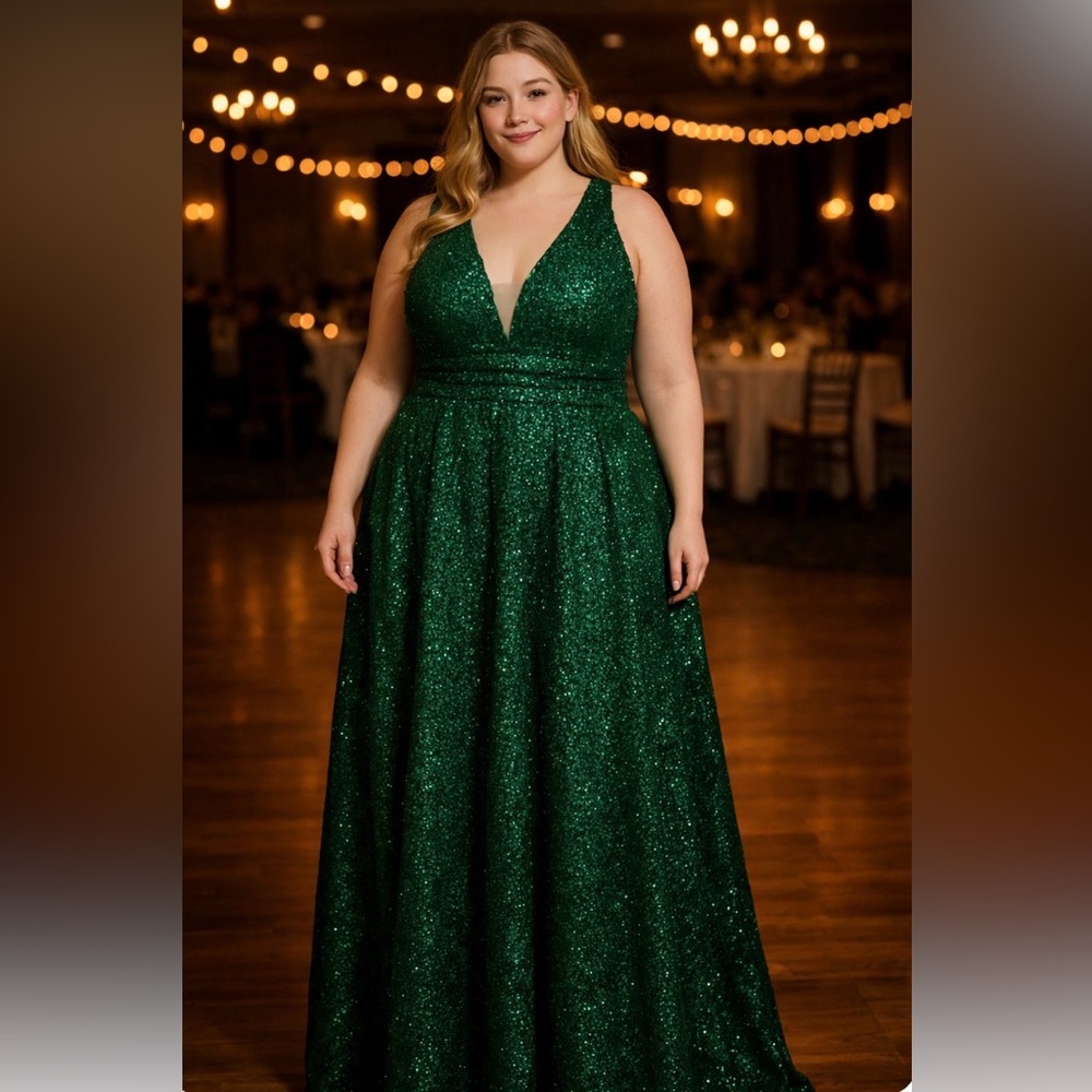 Faeriesty Emerald Green Sequin Gown. Low Cut Front & Back P2P 29” SIZE 5X